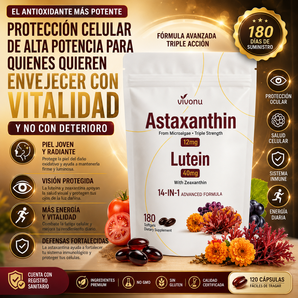 Astaxanthin 12 mg de Microingredients® Cuida tu piel, ojos y células desde hoy con protección antioxidante avanzada