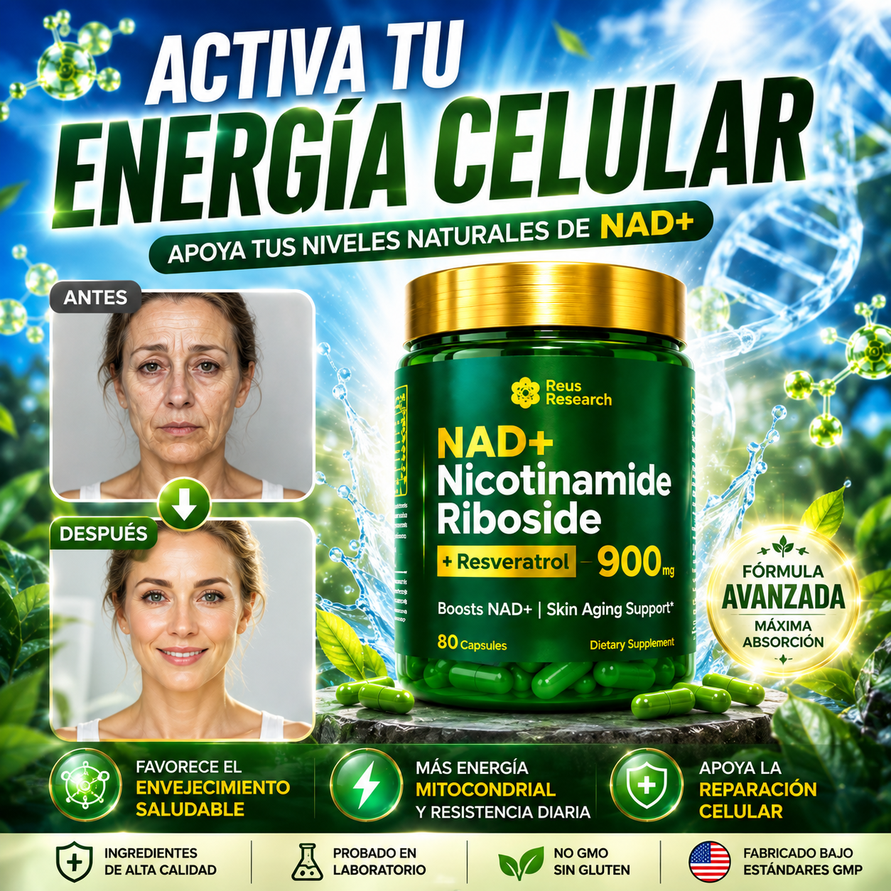 NAD+ Nicotinamide Riboside + Resveratrol 900 mg.