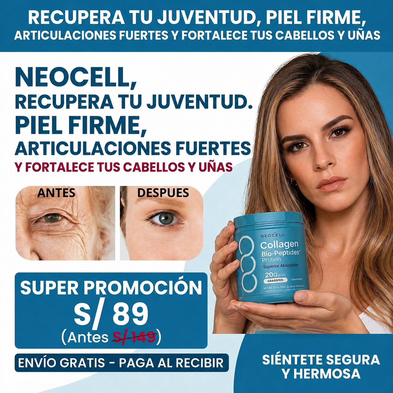 NeoCell, Recupera tu juventud, piel firme, articulaciones fuertes y fortalece tus cabellos y uñas SOLO POR HOY S/89
